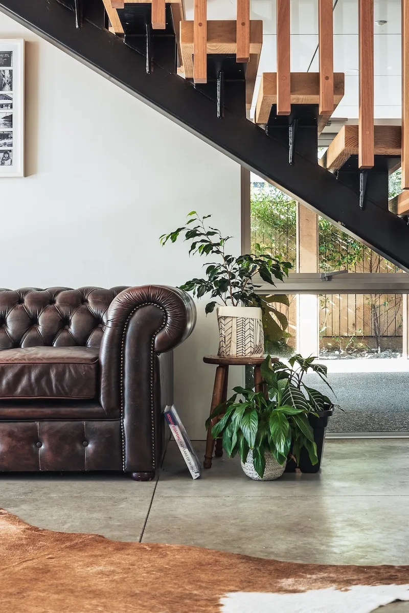leather couch with plants and staircase