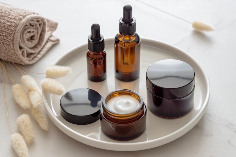 skin care products on a tray