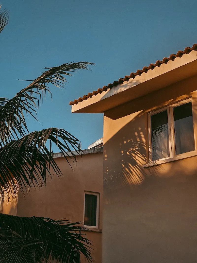 two houses in terracotta with palms