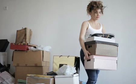 woman surrounded by boxes and things