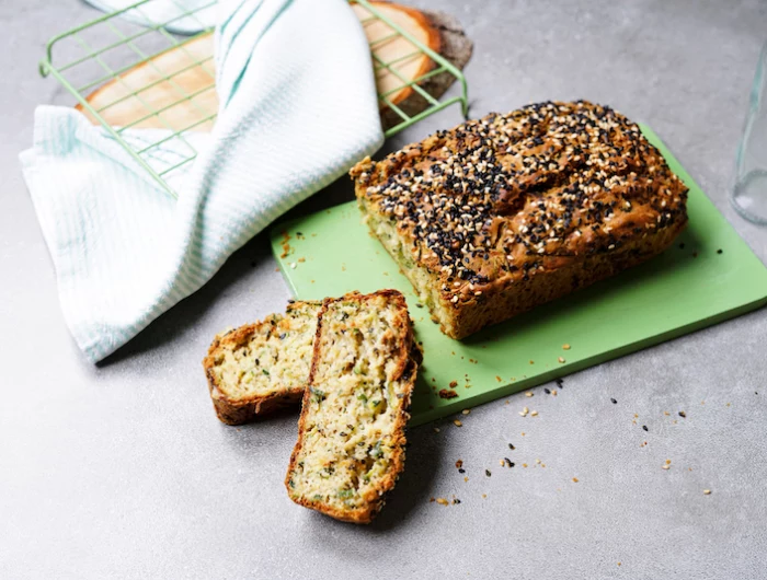 zucchini savory bread with two cut slices