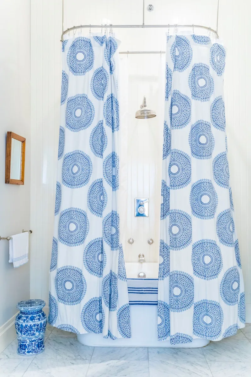 blue and white shower curtain