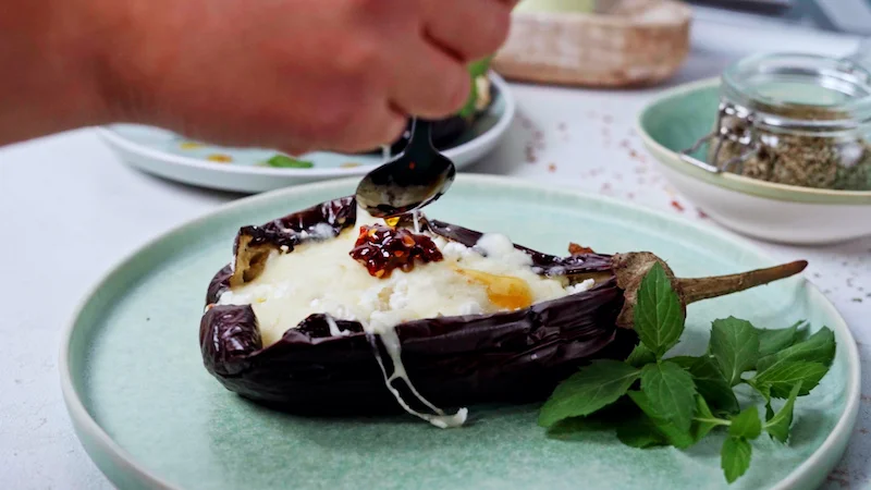 chili oil on stuffed eggplant