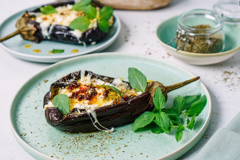 greek style eggplant in air fryer garnished with0mint