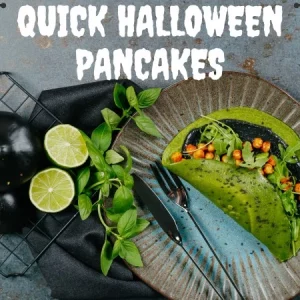 Spooky Green Halloween Pancakes with Spinach and Black Tahini (dairy and gluten-free)
