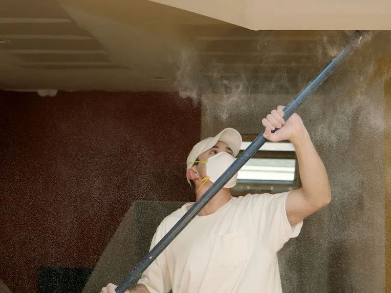 man with white mask dealing with drywall dust