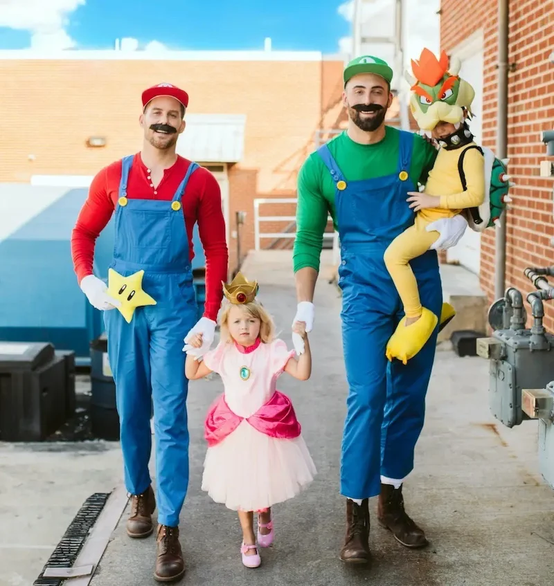 mario and luigi costume for men with mini peach and bowser
