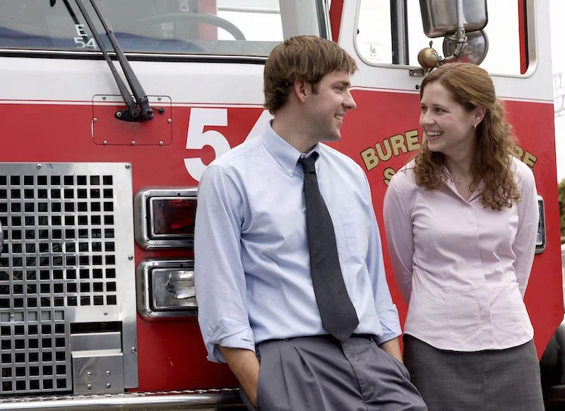 pam and jim on a fire truck the office
