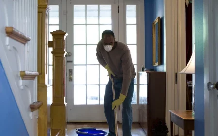 post construction cleaning man moping wooden dark hardwood floors