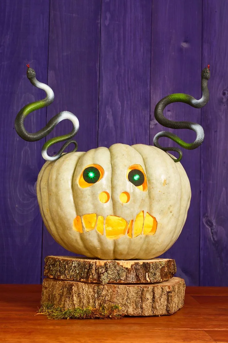 pumpkin carving ideas medusa green carved pumpkin