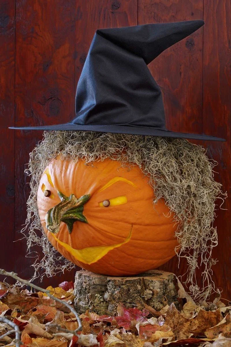 pumpkin carving ideas wicked witch with hair and hat