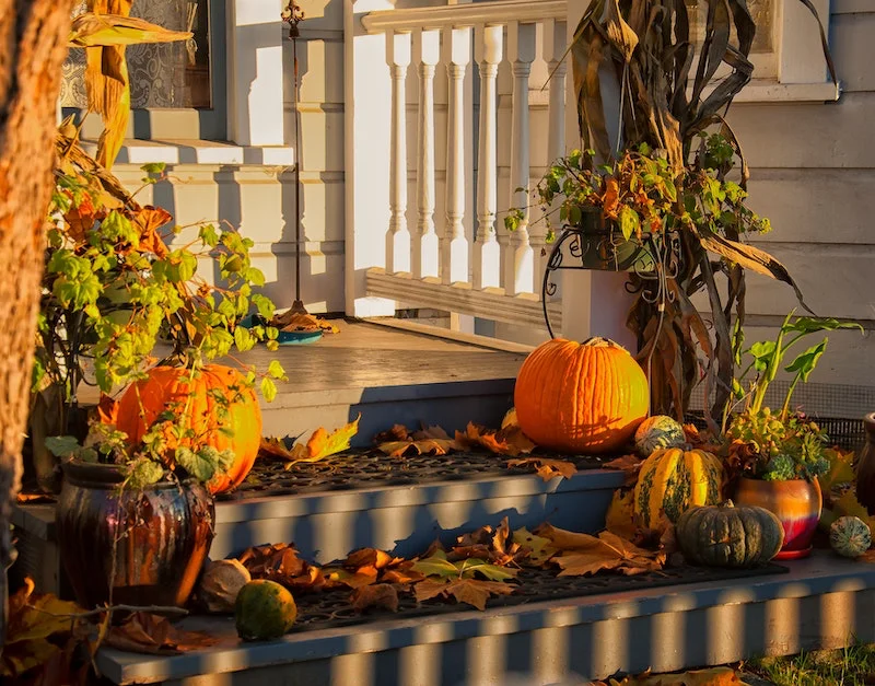 pumpkins and fallen leaves on porch