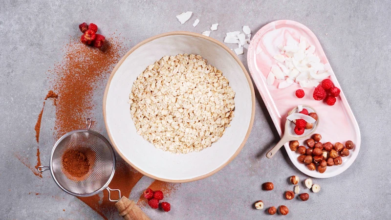 rolled oats in a big pink bowl
