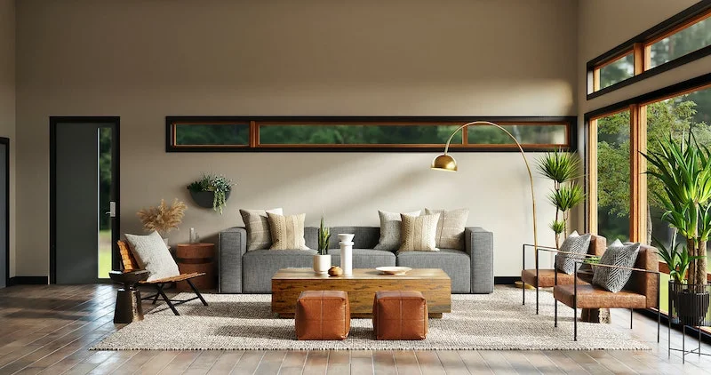 simple gray and orange design for living room