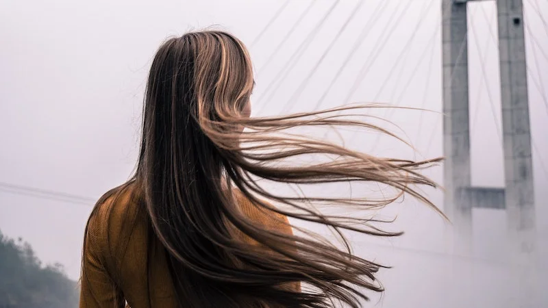 woman with long brown hair flowing in the wind