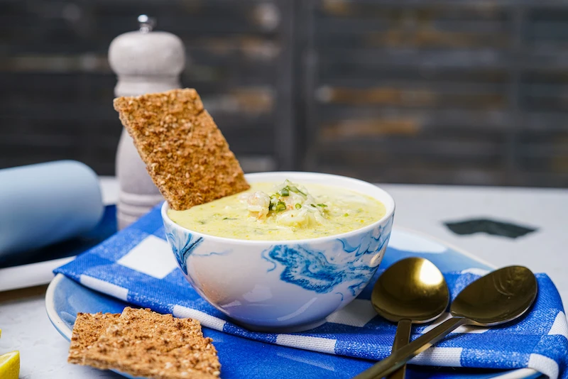 blue and white marbel bowl with soup
