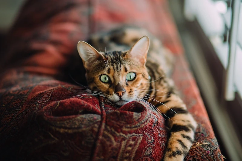 cat laying on a red couch