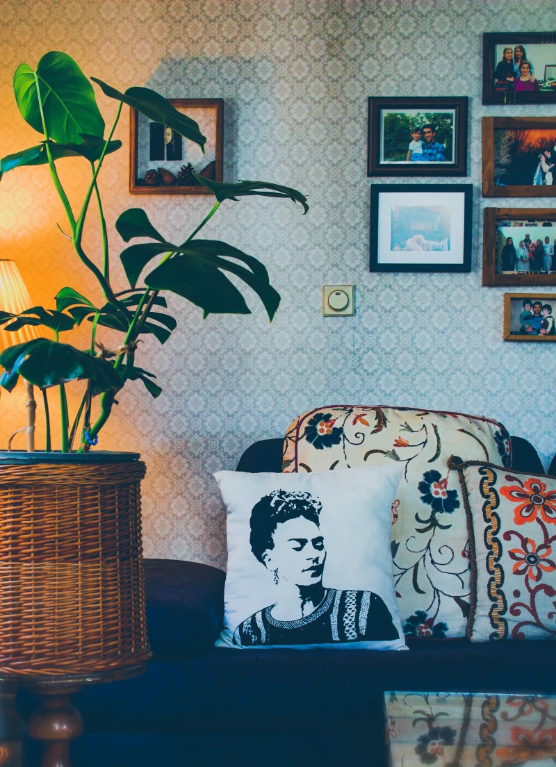 chic living room with frida kahlo pillow
