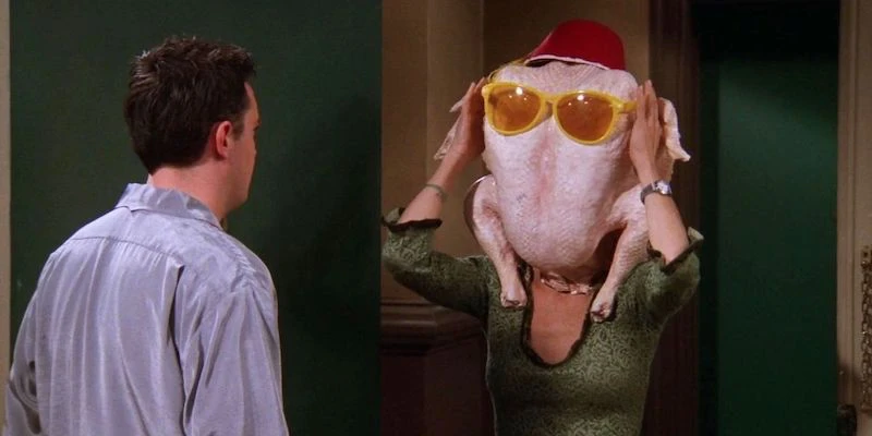 friends thanksgiving episodes monica with turkey on head
