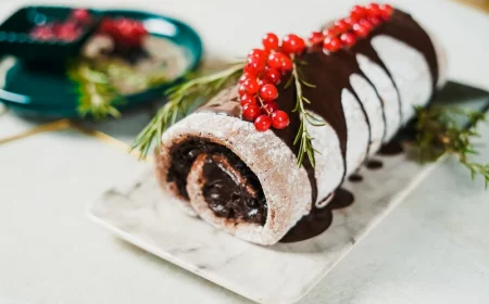 healthy yule log cake with cranberry topping