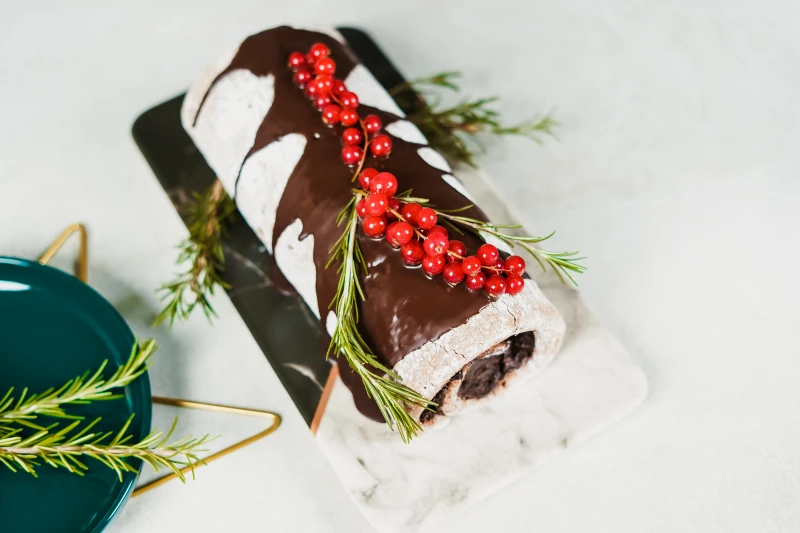 healthy yule log topped with melted chocolate and fresh cranberries
