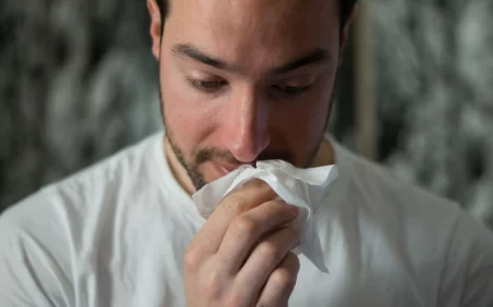 man cleaning his nose with a tissue