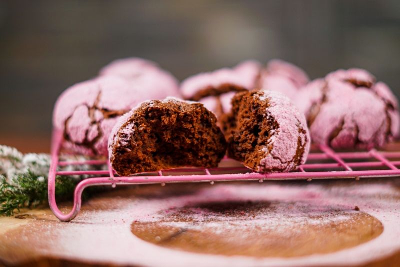 pink gluten free chocolate crinkle cookies