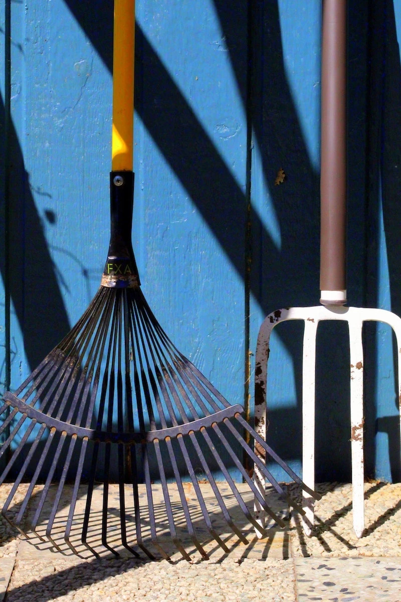 rake and a pitchfork next to eachother