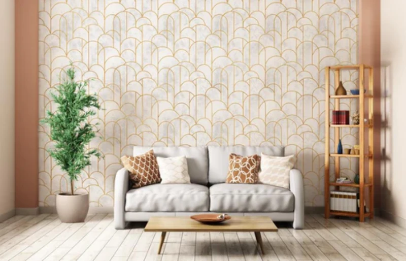 white geometry wallpaper mural living room