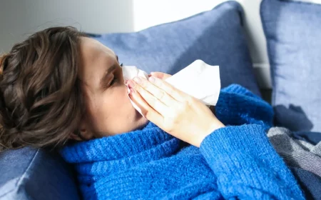 woman blwoing her nose on the couch
