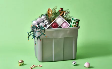 christmas decorations in container on green background