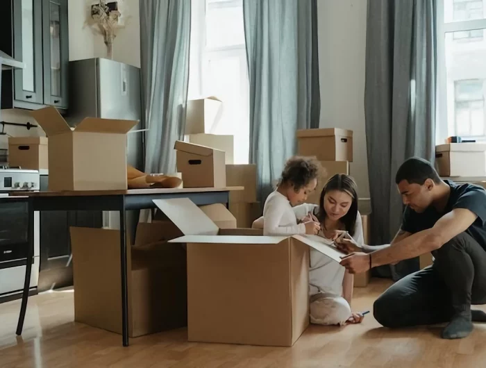 family of three unpacking boxes at new home