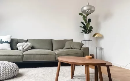 gray couch with wooden table
