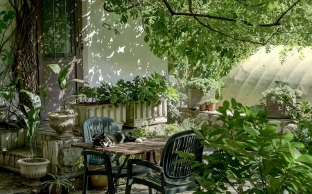 lush green garden with table