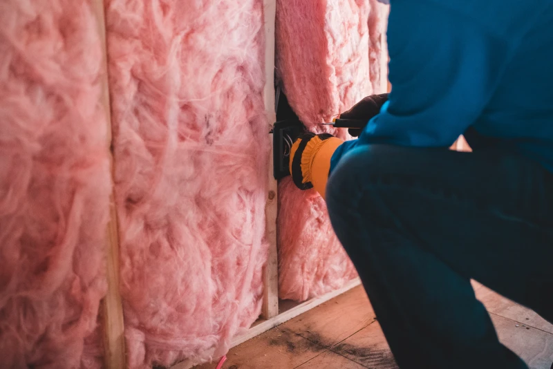 man applying pink insulation