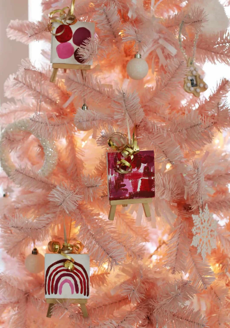 mini art holiday ornaments mini easels on pink tree
