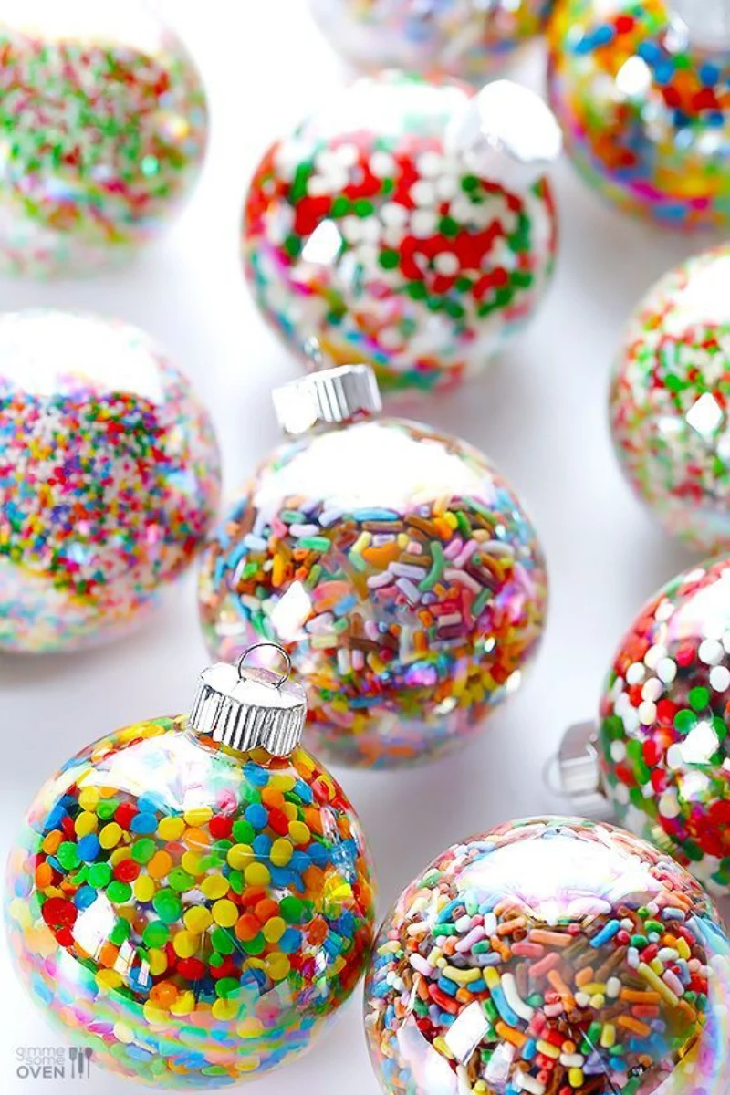 sprinkles ornaments in clear balls