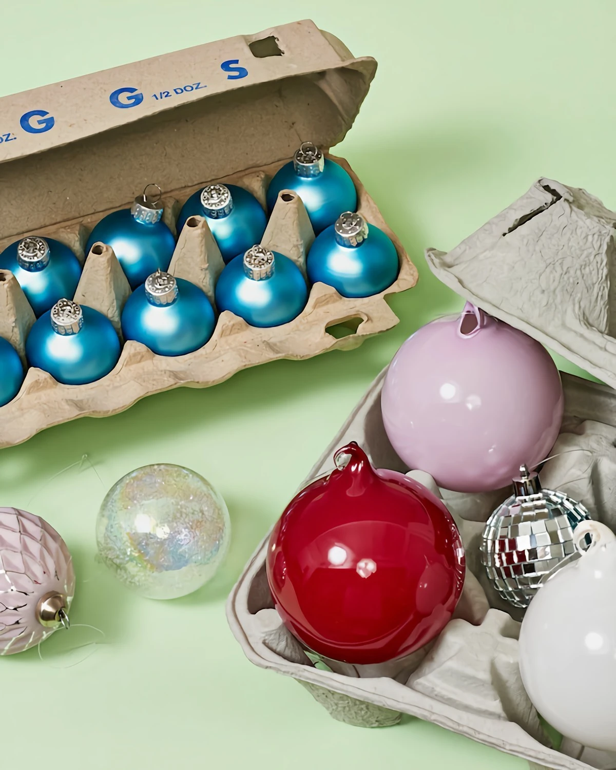 storing christmas ornaments in egg cartons