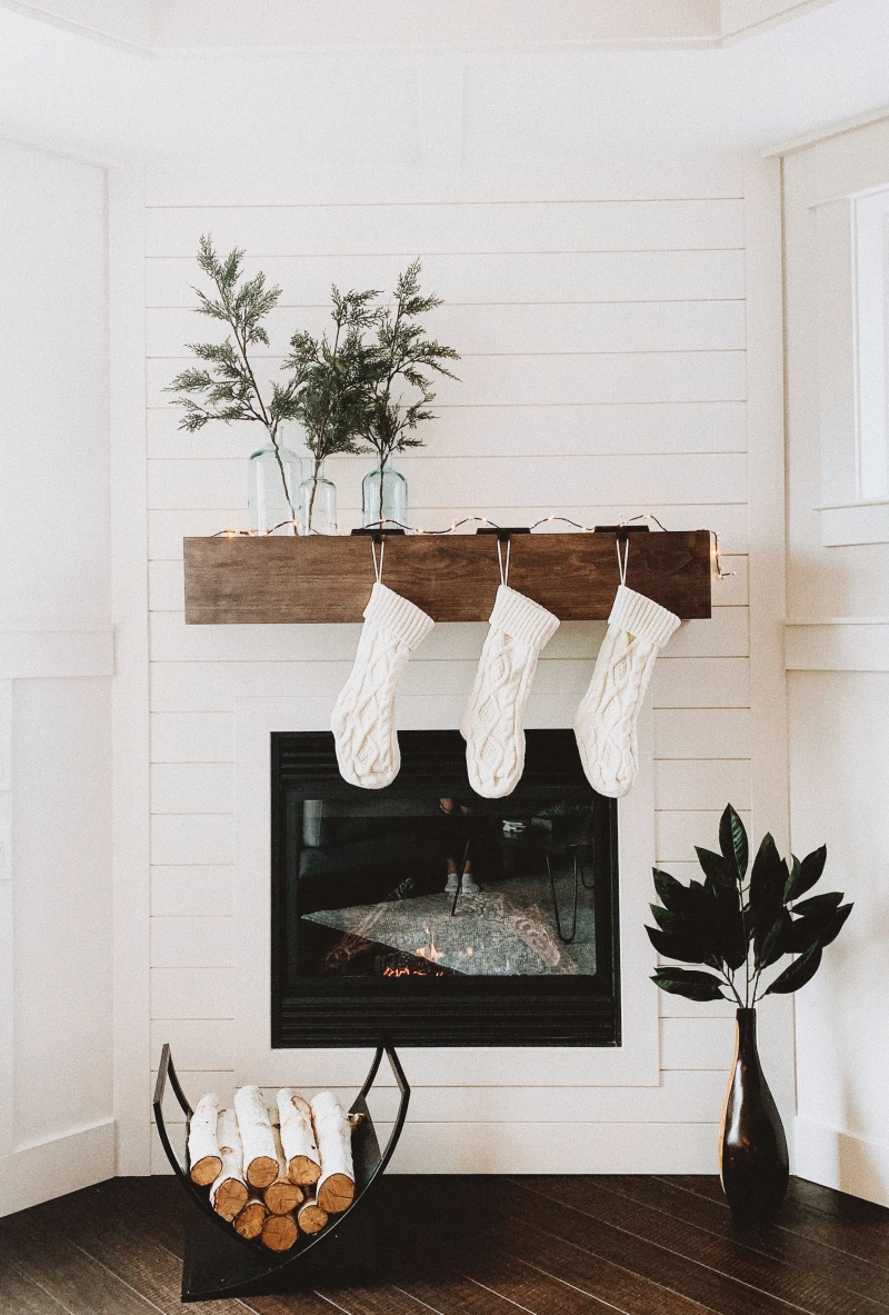 white stocking hung on fireplace