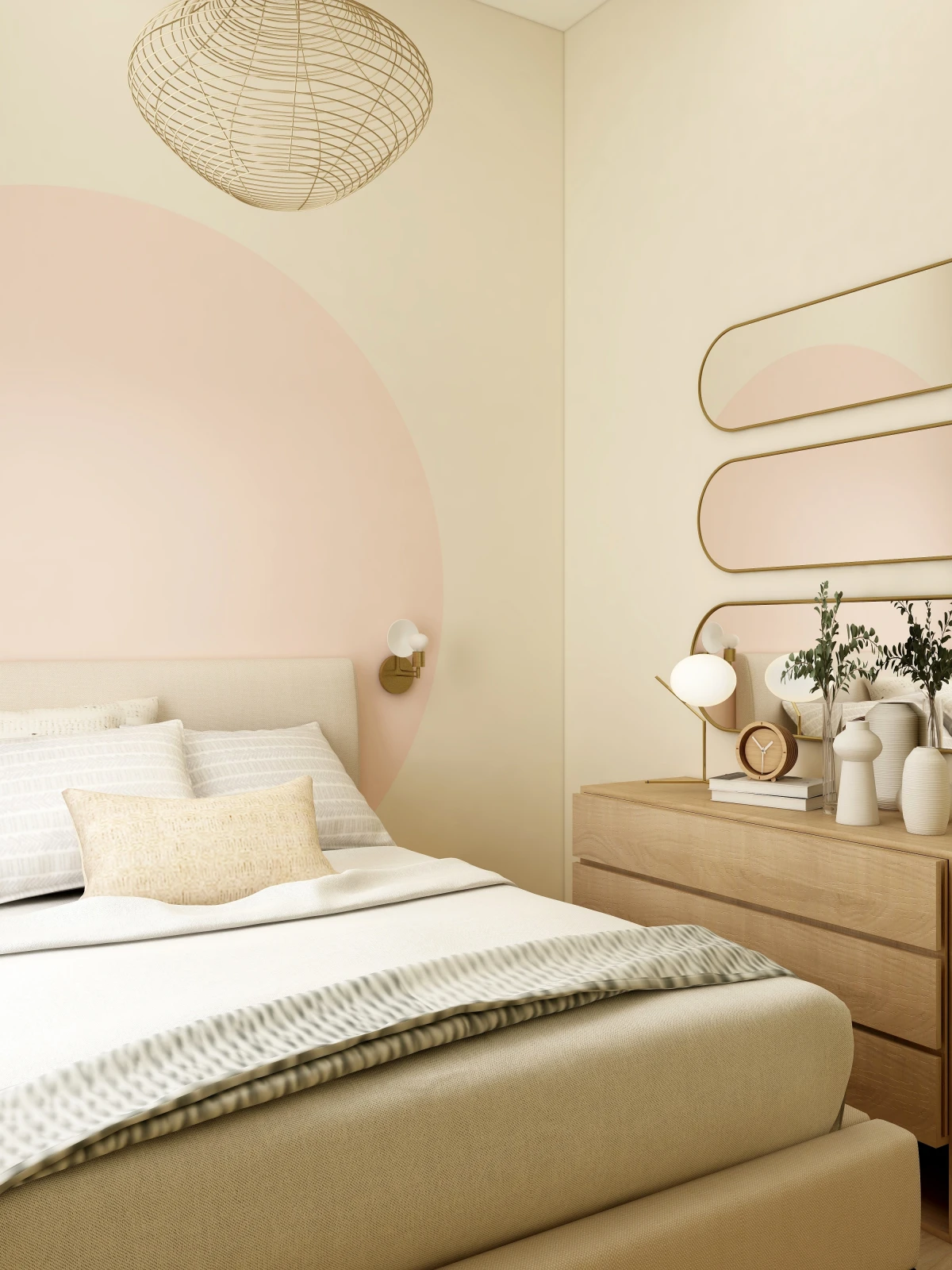bedroom with rounded corners in pink and yellow