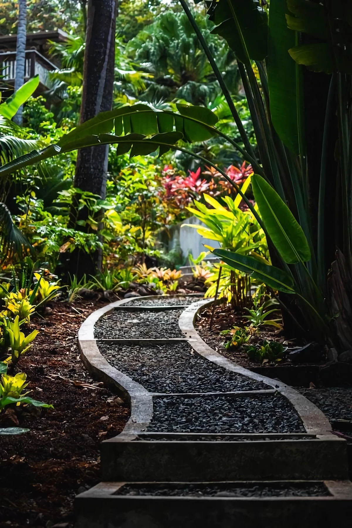 garden path with big leafy plants