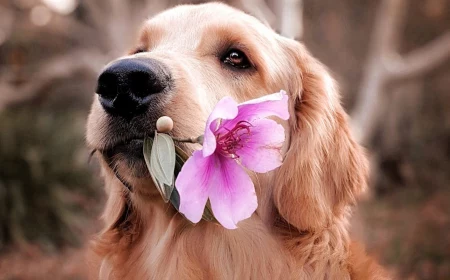 golden retriever holding a flower in mouth