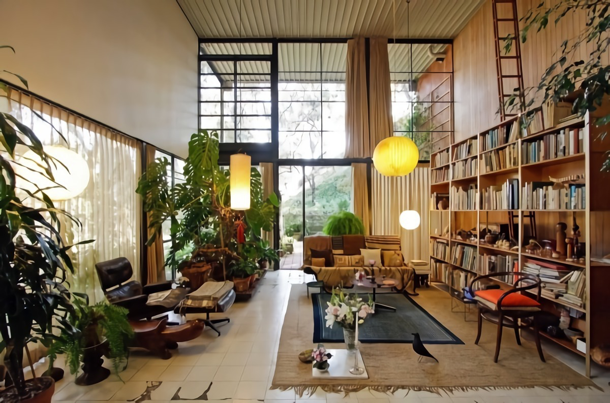 high bookcases ladders mid century modern living room