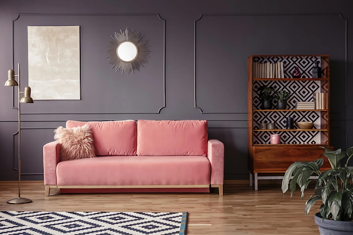pink suede couch in living room