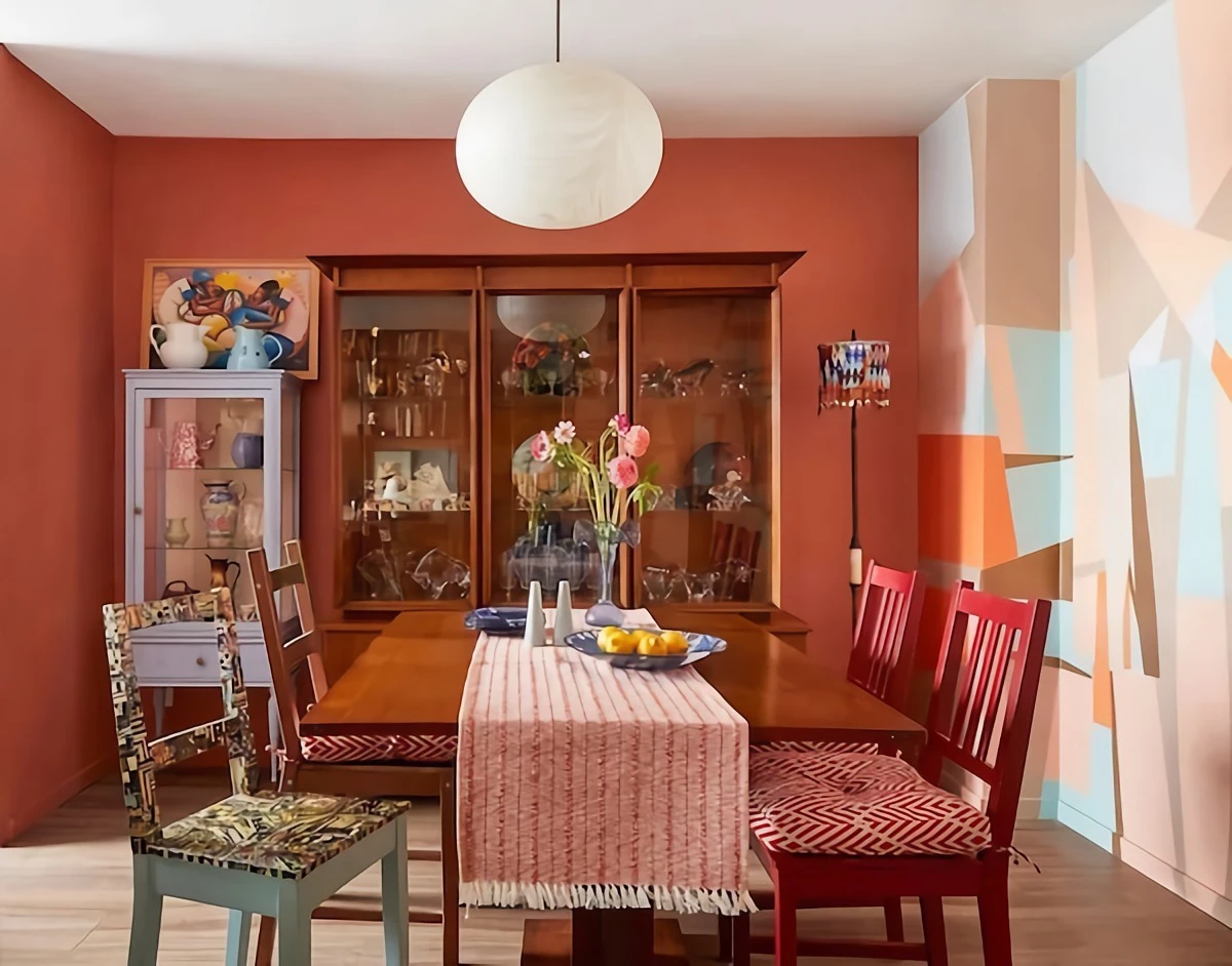 red earth color walls in dining room