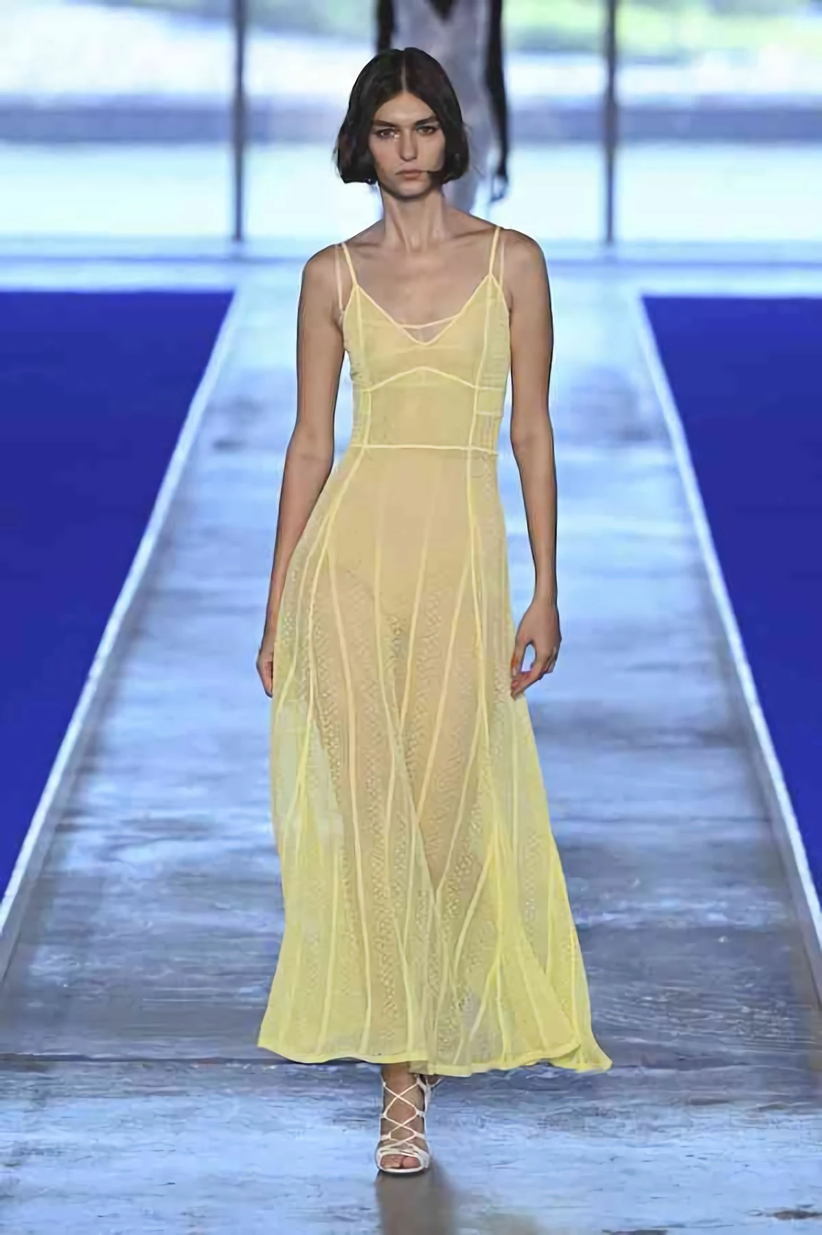 sheer yellow summer dress on runway