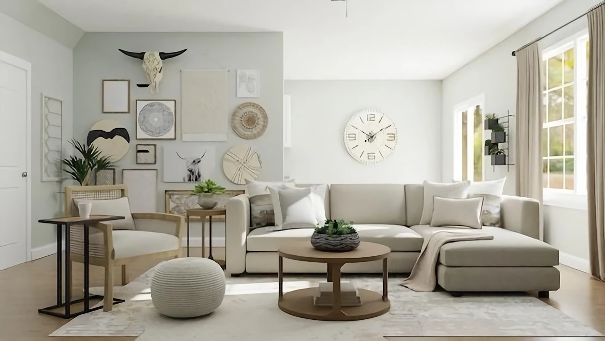 trendy plain living room with gallery room