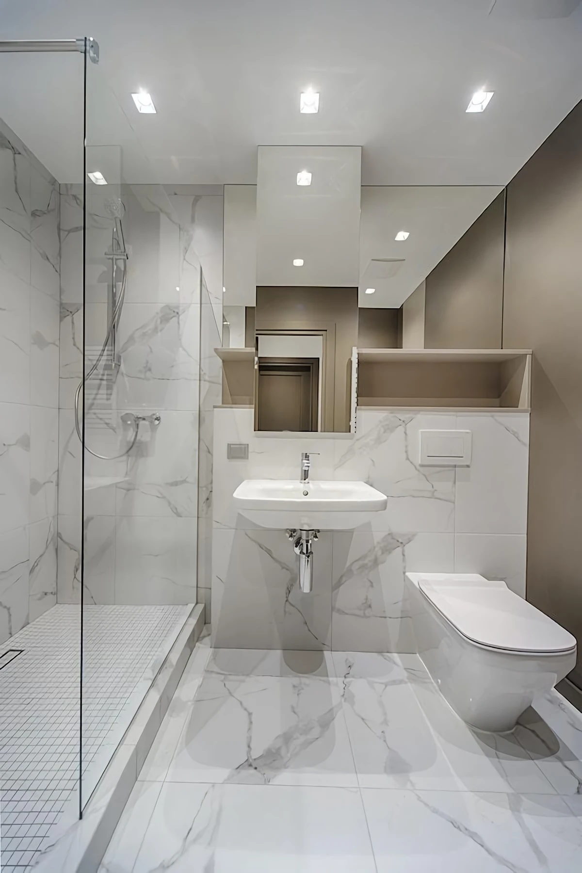 white marble bathroom with glass door