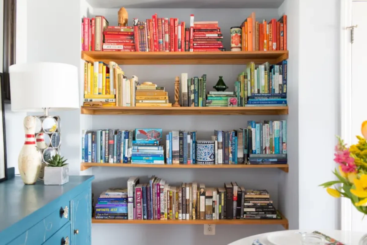 colorful books on shelves