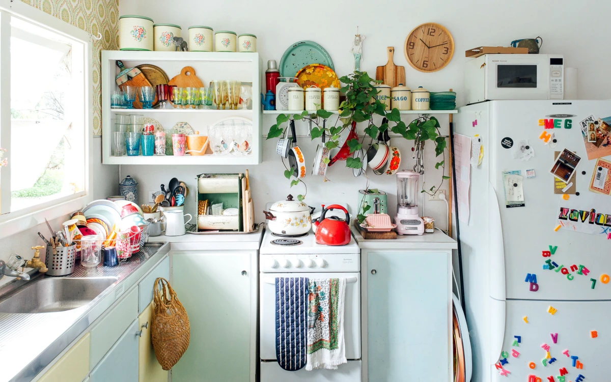 cute colorful kitchen with clutter